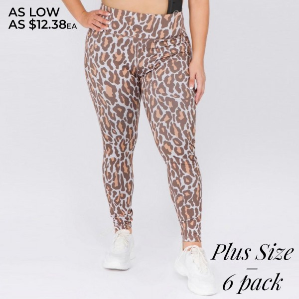 Women's Active XL Leopard Print Workout Leggings.

• High rise elasticized waistband
• Leopard print throughout
• Fits like a glove
• Second skin fit and feel
• 4 way stretch for a move with you feel
• Moisture wick fabric
• Full length design
• Flat lock seams prevent chafing
• Triangular Cotton Gusset Lining
• Great for all low-high impact workouts
• Imported

- Pack Breakdown: 6pcs/pack
- Sizes: ALL XL 
- Inseam approximately 28" L
- 46% Polyester / 41% Nylon / 13% Spandex