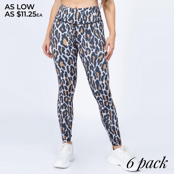 Women's Active Leopard Print Workout Leggings.

• High rise elasticized waistband
• Leopard print throughout
• Fits like a glove
• Second skin fit and feel
• 4 way stretch for more movement
• Moisture wick fabric
• Full length design
• Flat lock seams prevent chafing
• Triangular Cotton Gusset Lining
• Great for all low-high impact workouts
• Imported

- Pack Breakdown: 6pcs/pack
- Sizes: 2-S / 2-M / 2-L
- Inseam approximately 27" L
- 46% Polyester / 41% Nylon / 13% Spandex