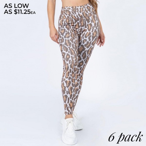 Women's Active Leopard Print Workout Leggings.

• High rise elasticized waistband
• Leopard print throughout
• Fits like a glove
• Second skin fit and feel
• 4 way stretch for more movement
• Moisture wick fabric
• Full length design
• Flat lock seams prevent chafing
• Triangular Cotton Gusset Lining
• Great for all low-high impact workouts
• Imported

- Pack Breakdown: 6pcs/pack
- Sizes: 2-S / 2-M / 2-L
- Inseam approximately 27" L
- 46% Polyester / 41% Nylon / 13% Spandex