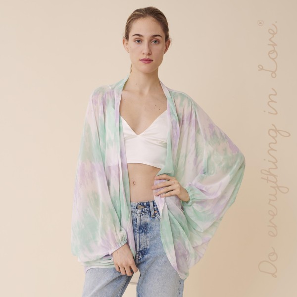 Do everything in Love brand women's lightweight sheer tie-dye kimono.

- One size fits most 0-14
- Approximately 33" L
- 100% Polyester