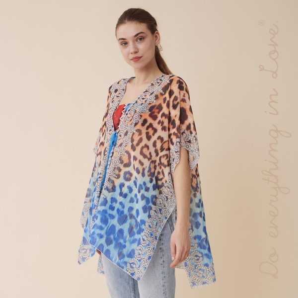 Do everything in Love Brand Women's Lightweight Sheer Ombre Leopard Print Short Kimono with Front Tie Detail.

- One size fits most 0-14
- Approximately 32" L 
- 100% Polyester
