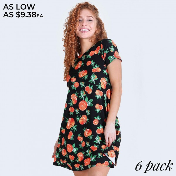 Women's short sleeve citrus print dress with pockets. Short sleeves Orange fruit print Super soft and comfortable A-line silhouette Knee length hem Pull on/off styling Women's short sleeve citrus print dress with pockets. Short sleeves Orange fruit print Super soft and comfortable A-line silhouette Knee length hem Pull on/off styling