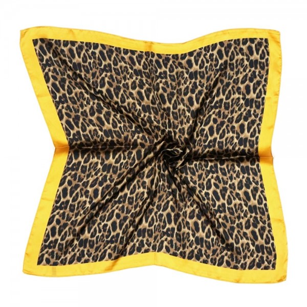 Women's lightweight multi-wear silky leopard print bordered bandana scarf.

- Approximately 27" x 28" 
- 100% Polyester