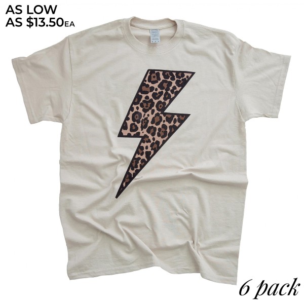 Stone Bella Canvas Brand Short Sleeve Leopard Print Lightning Bolt Printed Boutique Graphic Tee.

- Pack Breakdown: 6pcs/pack
- Sizes: 1S / 2M / 2L / 1XL
- 52% Cotton / 48% Polyester