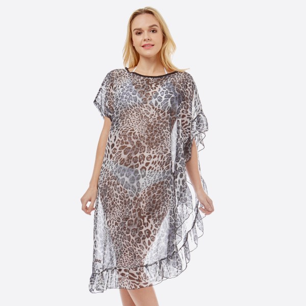 Women's Lightweight Sheer Leopard Print Half Ruffle Cove Up Top.

- One size fits most 0-14
- Approximately 38" L
- 100% Polyester
