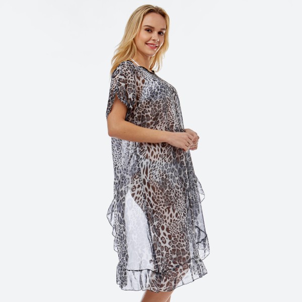 Women's Lightweight Sheer Leopard Print Half Ruffle Cove Up Top.

- One size fits most 0-14
- Approximately 38" L
- 100% Polyester