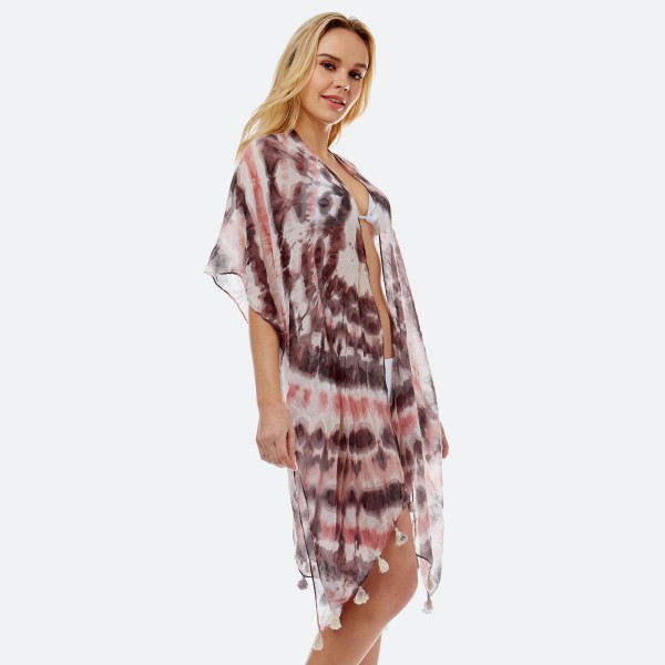 Women's Lightweight Sheer Tie-Dye Tassel Kimono.

- One size fits most 0-14
- Approximately 36" L
- 70% Polyester, 30% Cotton