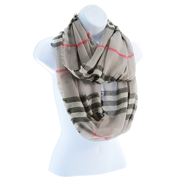 Wholesale polyester lightweight infinity scarf gray plaid frayed edges L W