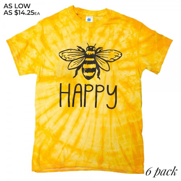 Wholesale bee Happy Yellow Tie Dye Printed Graphic Tee Printed ColorTone Brand T