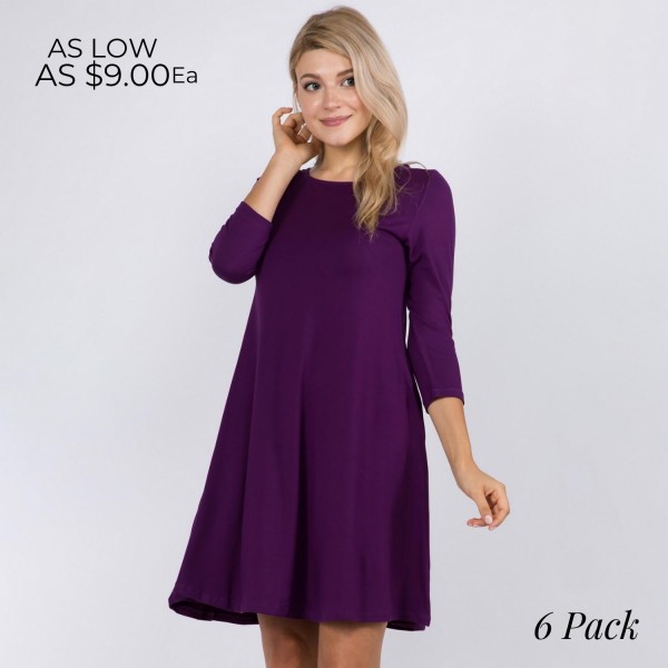 Women's Solid 3/4 Sleeve Swing Dress Featuring Side Pockets. Relax Scoop Neckline Fitted Sleeves Front Pleats Swing Style Bodice Solid Color Closure Style: Pullover Women's Solid 3/4 Sleeve Swing Dress Featuring Side Pockets. Relax Scoop Neckline Fitted Sleeves Front Pleats Swing Style Bodice Solid Color Closure Style: Pullover