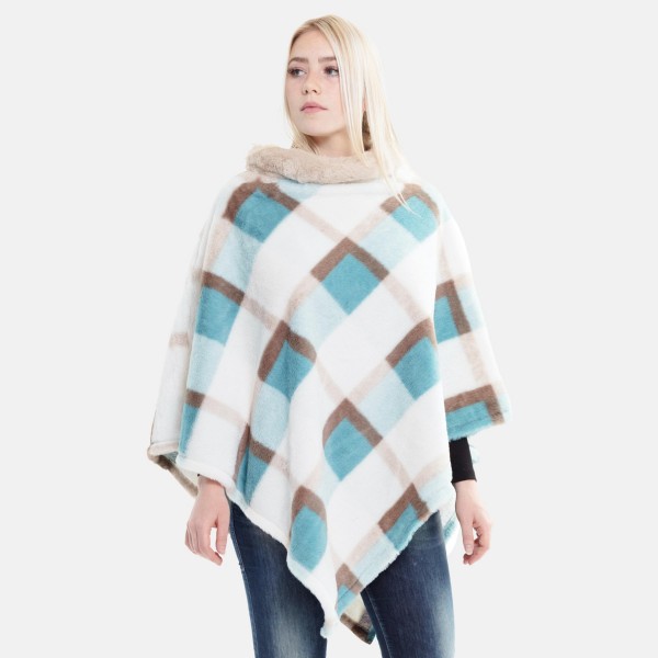 Women's Faux Fur Plaid Woven Print Poncho Featuring Cowl Neck.

- One size fits most 0-14
- Approximately 35" L
- 100% Polyester