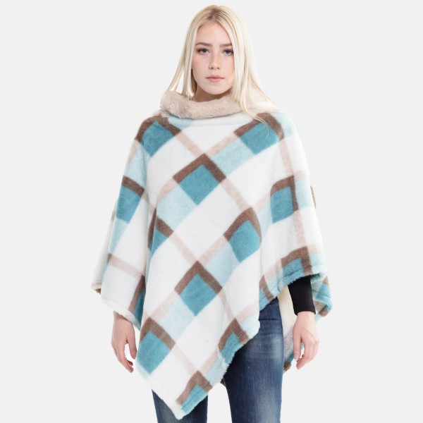 Women's Faux Fur Plaid Woven Print Poncho Featuring Cowl Neck.

- One size fits most 0-14
- Approximately 35" L
- 100% Polyester