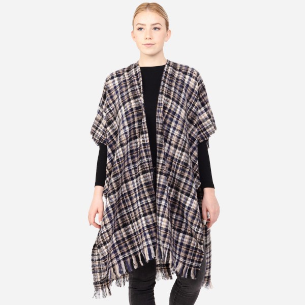 Women's Soft Small Plaid Print Kimono with Frayed Trim.

- One size fits most 0-14
- Approximately 37" L
- 100% Acrylic