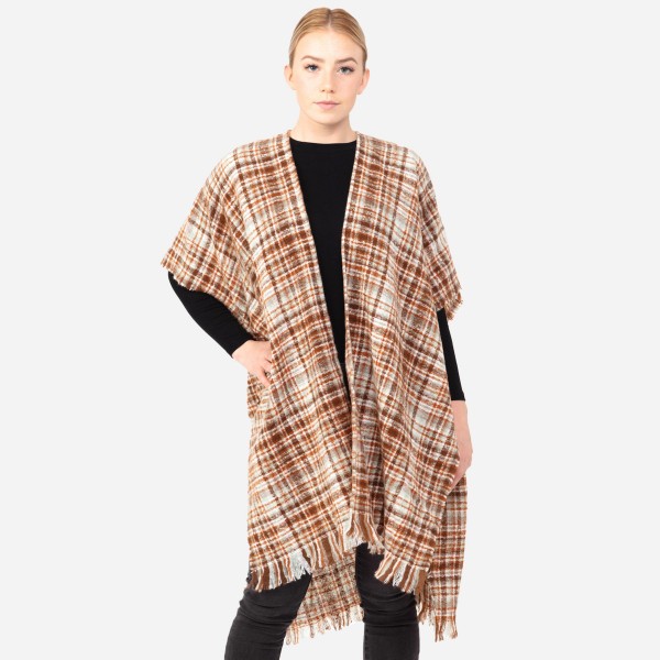 Women's Soft Small Plaid Print Kimono with Frayed Trim.

- One size fits most 0-14
- Approximately 37" L
- 100% Acrylic