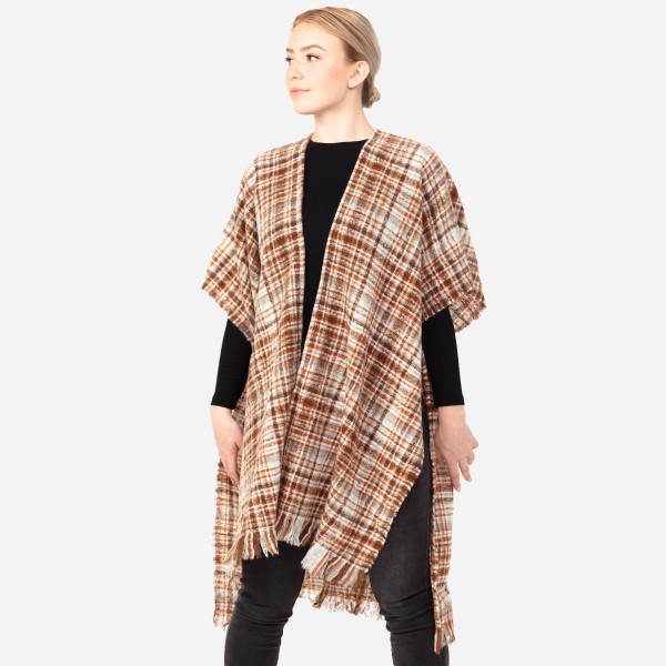 Women's Soft Small Plaid Print Kimono with Frayed Trim.

- One size fits most 0-14
- Approximately 37" L
- 100% Acrylic