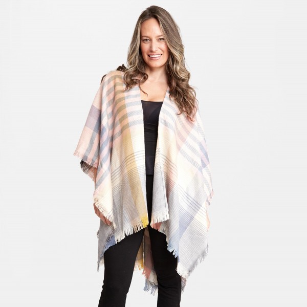 Women's Enlarged Plaid Stripe Print Shawl Featuring Raw Trim.

- One size fits most 0-14
- Approximately 37" L 
- 100% Acrylic 
