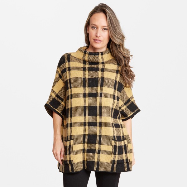 Thick Plaid Knit Short Sleeve Poncho Featuring Cowl Neck & Front Pockets.

- Two Functional Front Pockets
- One size fits most 0-14
- Approximately 30" L
- 100% Acrylic