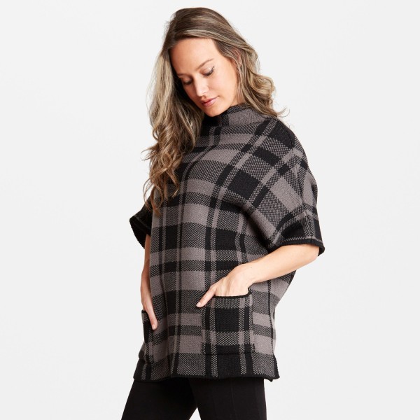 Thick Plaid Knit Short Sleeve Poncho Featuring Cowl Neck & Front Pockets.

- Two Functional Front Pockets
- One size fits most 0-14
- Approximately 30" L
- 100% Acrylic