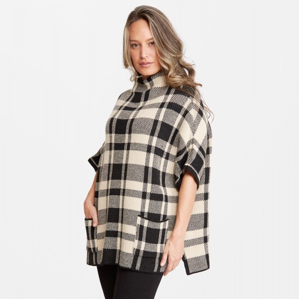 Thick Plaid Knit Short Sleeve Poncho Featuring Cowl Neck & Front Pockets.

- Two Functional Front Pockets
- One size fits most 0-14
- Approximately 30" L
- 100% Acrylic