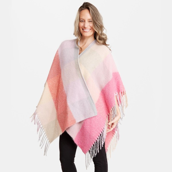 Women's Oversized Fleece Plaid Ruana Featuring Fringe Tassels Trim.

- One size fits most 0-14
- Approximately 33" L 
- 100% Acrylic