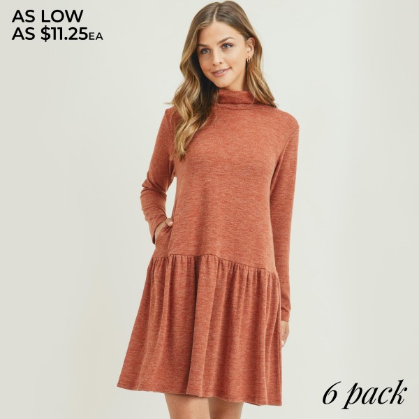 Women's Turtleneck Peplum Hem Sweater Swing Dress Featuring Pockets. (6 Pack) Long sleeves Turtleneck Peplum knee-length hem Crafted from soft, breathable cotton blend fabric Relaxed fit Women's Turtleneck Peplum Hem Sweater Swing Dress Featuring Pockets. (6 Pack) Long sleeves Turtleneck Peplum knee-length hem Crafted from soft, breathable cotton blend fabric Relaxed fit