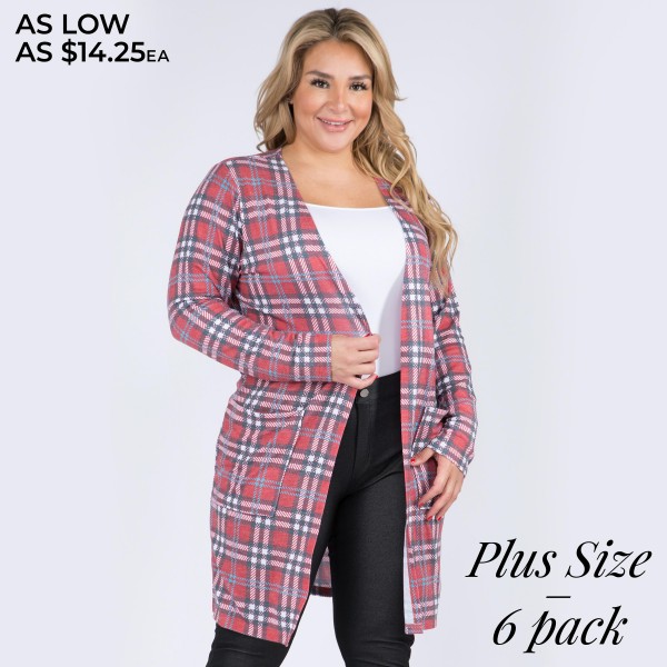 Women's Plus Size Lightweight Plaid Print Maxi Cardigan Featuring Pockets. (6 Pack)

• Long sleeves
• Open front design
• Plaid print
• Two stylish side pockets for keeping your hands warm
• Crafted from a soft, breathable cotton blend fabric
• Mid-calf length
• Imported

- Pack Breakdown: 6 Cardigans Per Pack
- Sizes: 2-XL / 2-2XL / 2-3XL
- Approximately 40" L
- 80% Polyester, 16% Cotton, 4% Spandex