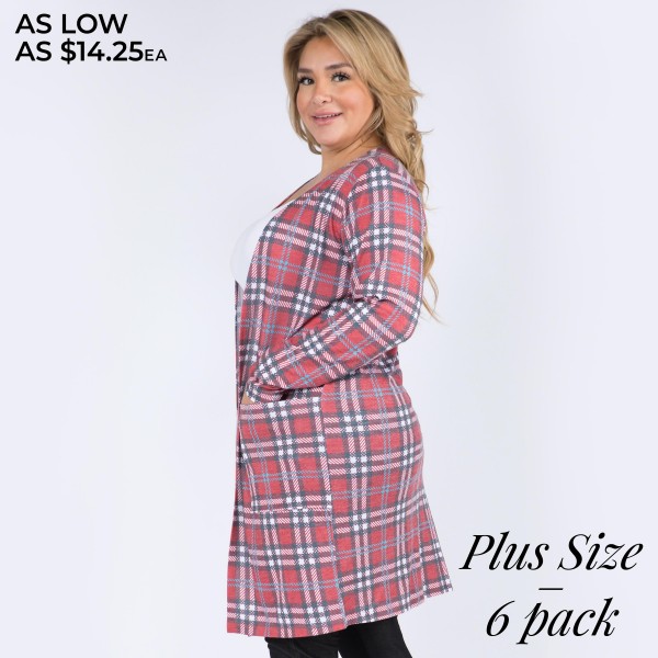 Women's Plus Size Lightweight Plaid Print Maxi Cardigan Featuring Pockets. (6 Pack)

• Long sleeves
• Open front design
• Plaid print
• Two stylish side pockets for keeping your hands warm
• Crafted from a soft, breathable cotton blend fabric
• Mid-calf length
• Imported

- Pack Breakdown: 6 Cardigans Per Pack
- Sizes: 2-XL / 2-2XL / 2-3XL
- Approximately 40" L
- 80% Polyester, 16% Cotton, 4% Spandex
