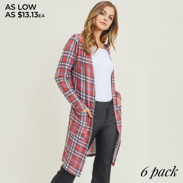 Women's Lightweight Plaid Maxi Cardigan Featuring Pockets. (6 Pack)

• Long sleeves
• Open front design
• Plaid print
• Two stylish side pockets for keeping your hands warm
• Crafted from a soft, breathable cotton blend fabric
• Mid-calf length
• Imported

- Pack Breakdown: 6 Cardigans Per Pack
- Sizes: 2-S / 2-M / 2-L 
- Approximately 47" L
- 80% Polyester, 16% Cotton, 4% Spandex