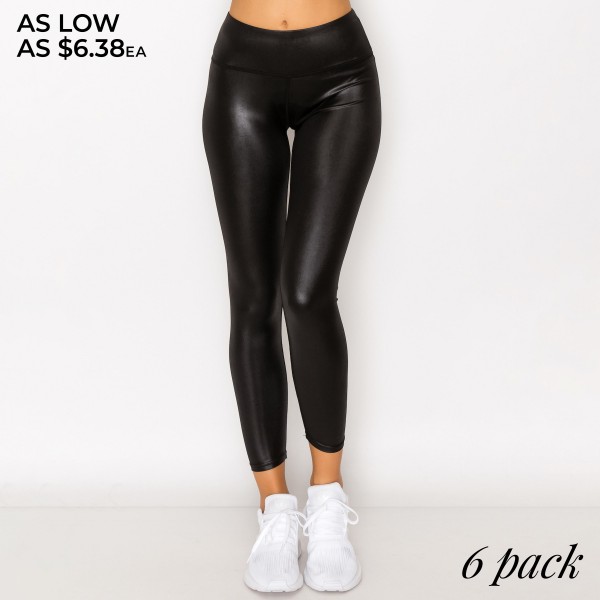 Wholesale women s Black PU Leather Leggings Pack Elastic Waistband Hidden Waistb