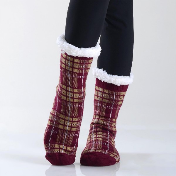 Assorted Plaid Print Sherpa Socks. (12 Pack)

• Unique, pattern designs on exterior
• Reinforced toe seam
• Thick
• Breathable
• Rubber dot traction bottom
• Plush faux sherpa lining
• Imported

- 12 Pair Per Pack
- 6 Assorted Colors
- Size: Adults 9-11
- 40% Acrylic, 60% Polyester