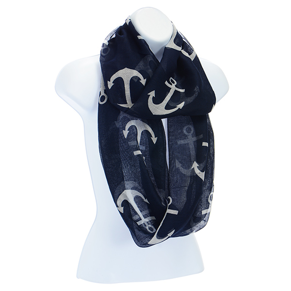 Wholesale lightweight navy polyester fabric infinity scarf white anchor print