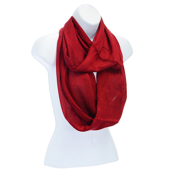 Beautiful lightweight burgundy tone polyester fabric infinity scarf measures approximately 28" x 33".