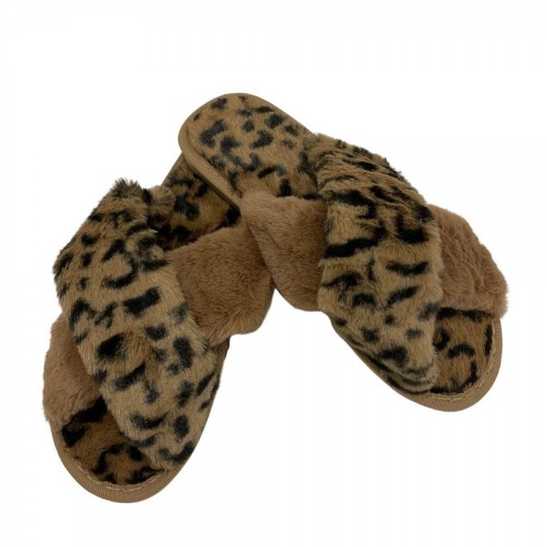 Wholesale women s Faux Fur Leopard Print Plush Criss Cross Indoor Slippers Open