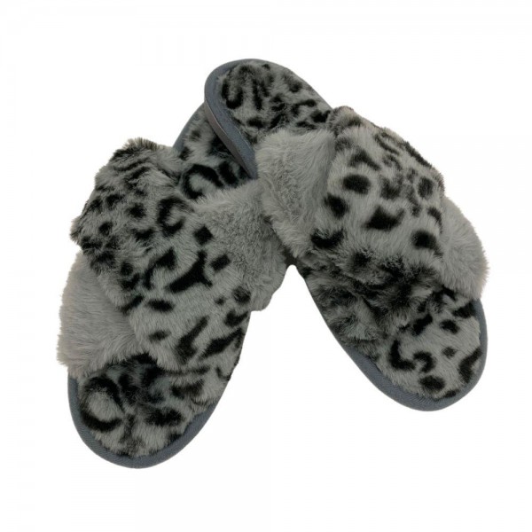 Wholesale women s Faux Fur Leopard Print Plush Criss Cross Indoor Slippers Open