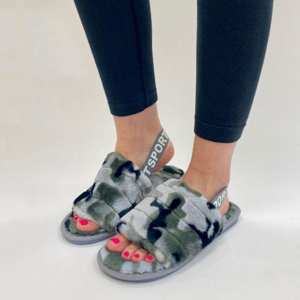 Wholesale camouflage Faux Fur Plush Indoor Slippers Sports Elastic Back Strap Op