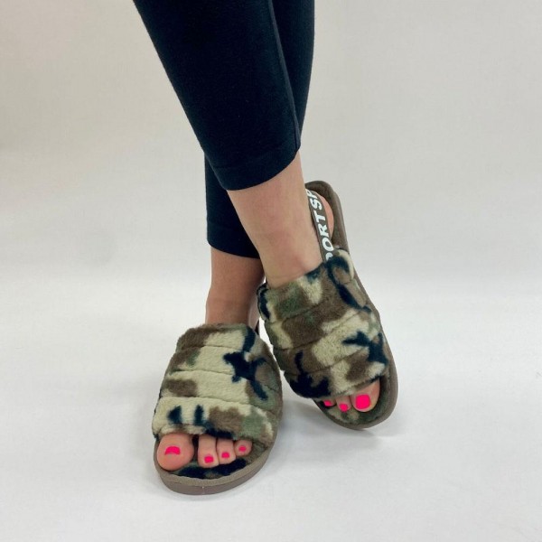 Wholesale camouflage Faux Fur Plush Indoor Slippers Sports Elastic Back Strap Op
