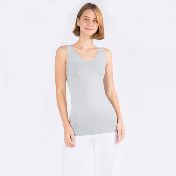 Women's Seamless Reversible V-Neck Tank Top

- Wide shoulder straps
- V-neckline
- Back scoop neck
- Fitted silhouette
- Seamless design
- Buttery soft fabrication with stretch
- Longline hem


- One size fits most 0-14
- 92% Nylon, 8% Spandex