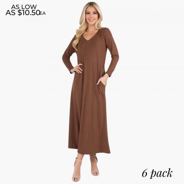 Classic Maxi Dress Featuring a V-Neckline and Two Stylish Pockets Long sleeves V-neck Long sleeves Two side pockets to keep your hands warm Soft and stretchy fabric Classic Maxi Dress Featuring a V-Neckline and Two Stylish Pockets Long sleeves V-neck Long sleeves Two side pockets to keep your hands warm Soft and stretchy fabric