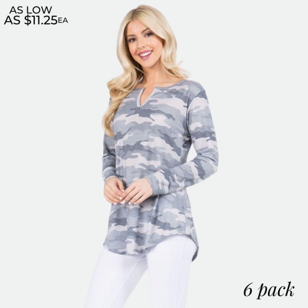 Wholesale women s Long Sleeve Vintage Camouflage Split V Neck Tunic Top Pack o L