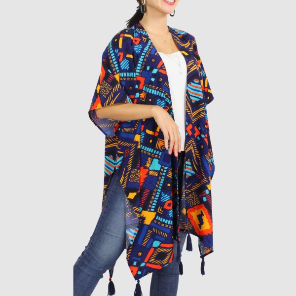 Wholesale women s Lightweight Multi Aztec Print Tassel Kimono One fits most L Po