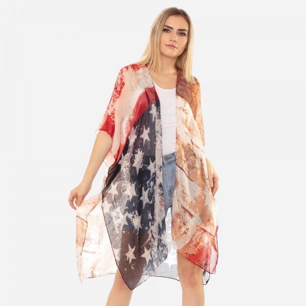 Wholesale women s Lightweight Sheer Vintage USA Print Kimono One fits most Polye