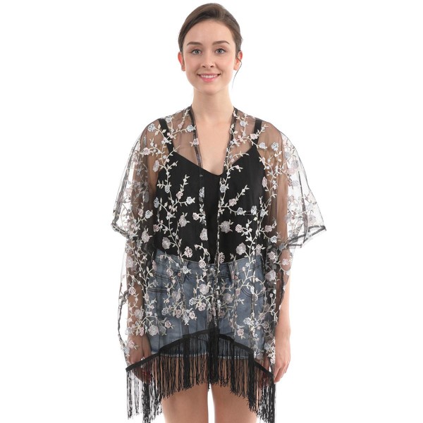 Wholesale women s Black Floral Embroidered Mesh Kimono Fringe Tassels One fits m