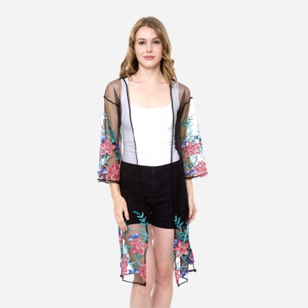 Wholesale women s Lightweight Floral Embroidered Mesh Kimono One fits most L Cot