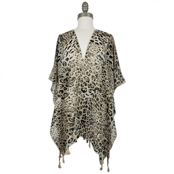 Wholesale lightweight Cheetah Print Kimono Tassel Accents Polyester One Fits Mos