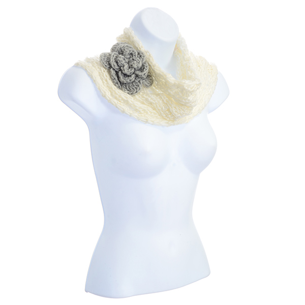 Wholesale ivory white knit acrylic tube scarf gray knit flower