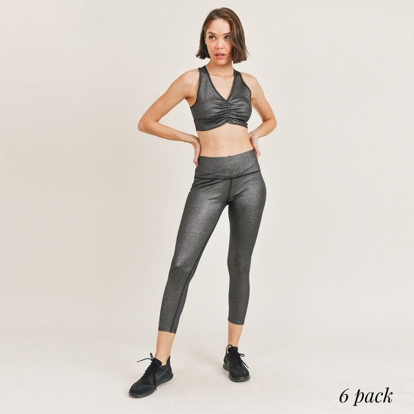 Women's Active Wear Matching Set. (6 Pack) Matching Set Includes Leggings and Matching Sports Bra.                                                                                       

- 4" Elastic Waistband Biker Shorts
- Ruched Details
- Metallic Finish for Sparkly Look 
- Sports Bra Has Racerback Design 
- 6 Sets Per Pack
- Sizes: 1-S / 2-M / 2-L / 1-XL
- 92% Polyester / 8% Spandex