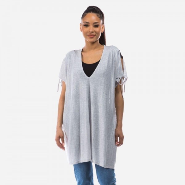 Cold Shoulder V-Neck Knit Top Featuring Ties at the Bottom of the Sleeves. 

- One Size Fits Most 0-14
- Approximately 33" L
- 70% Viscose, 30% Polyester 