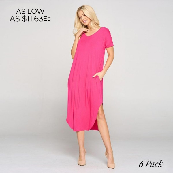 Wholesale soft Stretchy Knit Fabric Dress Rounded Hem Short Sleeves Two Pockets