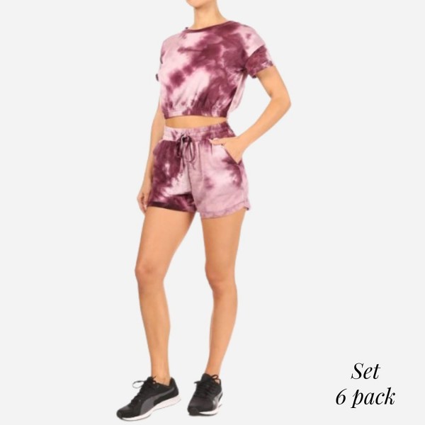 Tie-Dye Loungewear Set. (6 Pack)

- 92% Polyester, 8% Spandex
- Crop Top Has Elastic Band on Bottom
- Shorts Have Elastic Waistband & Drawstring 
- Shorts Feature Two Front Pockets 