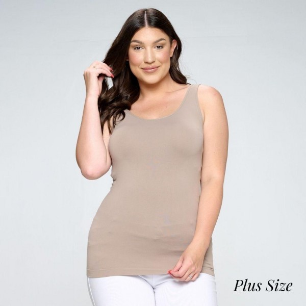 Lady's Plus Size V or U Neckline Reversible Seamless Tank

- Wide Shoulder Straps
- Back Scoop Neck
- Fitted Silhouette
- Seamless Design
- Buttery Soft Fabrication With Stretch
- Pull On/Off
- Longline Hem
- One Size
- 92% Nylon 8% Spandex